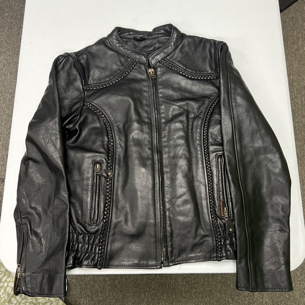 Hot Leathers Motorcycle Jacket Womens Large Black Braided Trim Zip-Out Liner